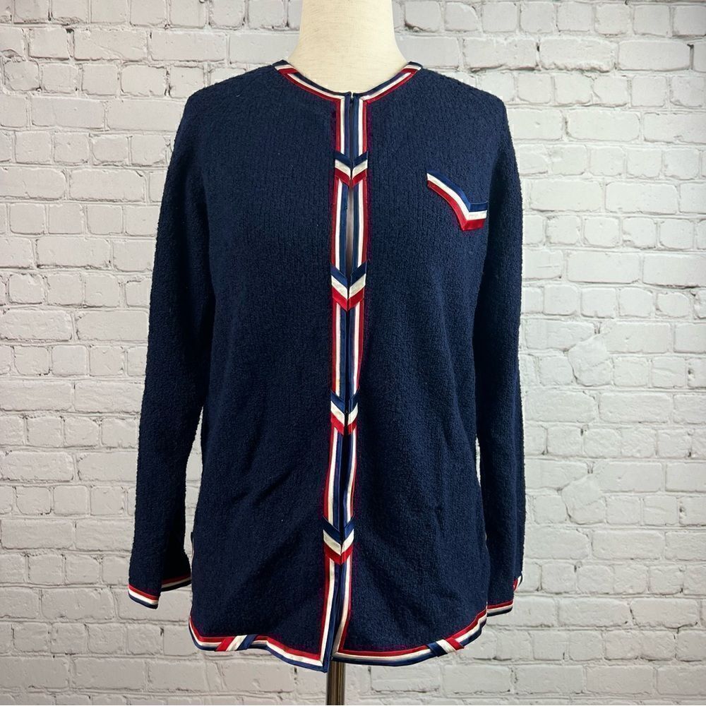 Vintage Cyntotles Americana Patriotic Nautical Cardigan Navy, w/ Red/White Trim